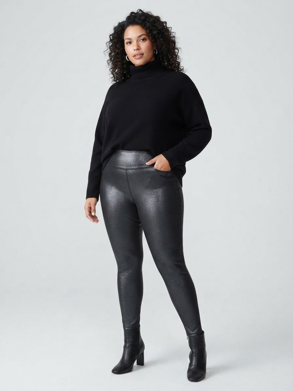 SPANX Black Metallic Shimmer Faux Leather Shaping Leggings Size 2X